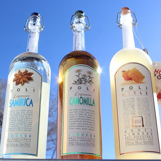 Sunshine and grappa anyone? ☀️ 

Featured here are some of @poli_grappa artisan distilled grappas and liqueurs, the Mielle, Camomilla and Sambucca. 

Mielle 🍯

Grappa-based sweet liqueur infused with unpasteurized 100% Venetian acacia honey, juniper