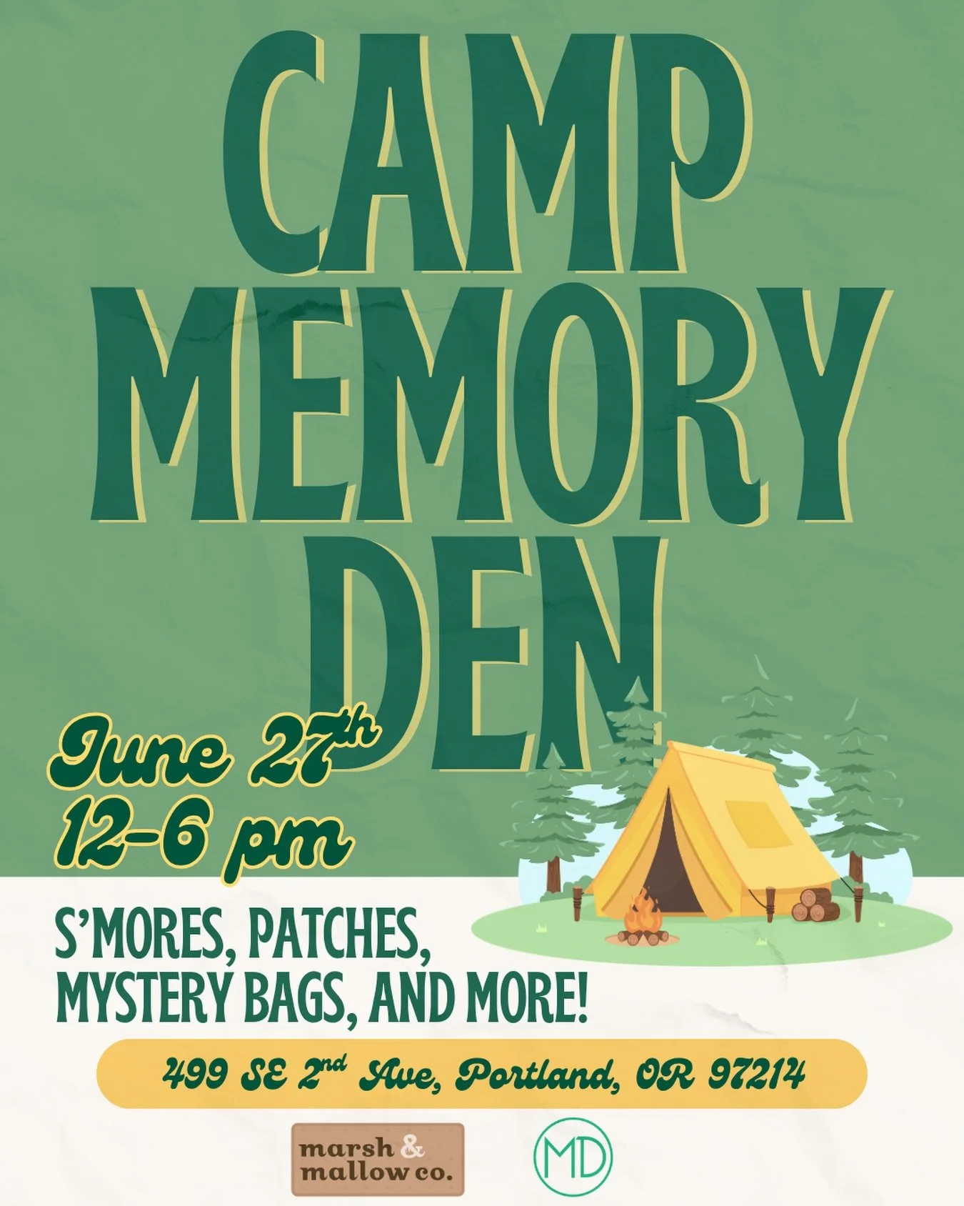 🏕️ Camp Memory Den is this month! 🏕️

Stop by from 12&ndash;6 PM and add a patch to anything you bring! We&rsquo;ll have summery, camp-inspired mystery bags, plenty of good camping tunes, and of course&hellip; s&rsquo;mores! 🔥🍫✨

Come hang out, e