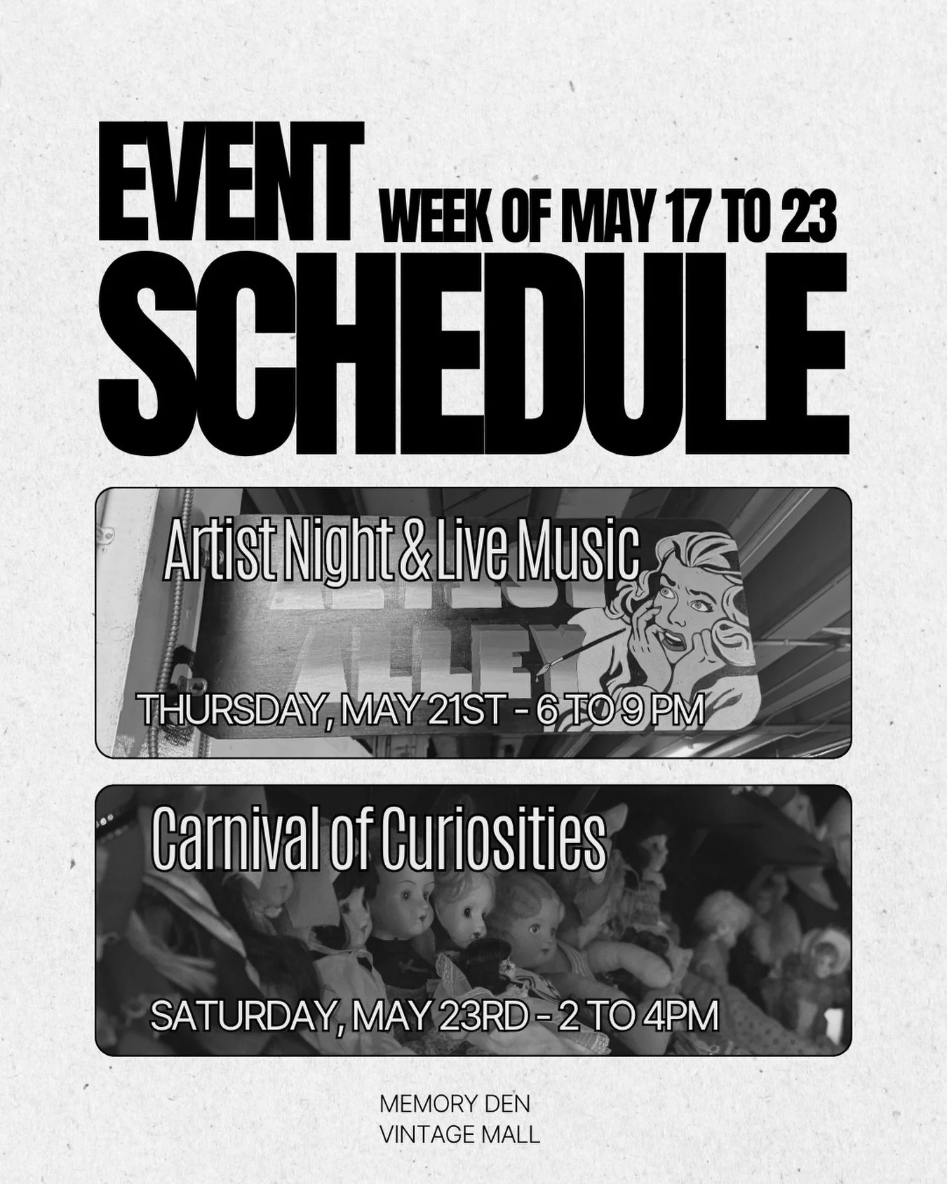 Next week we&rsquo;ve got 2 events coming your way! 🎉

🎨 On the 21st, come hang at Artist Night in Artist Alley and meet some of the incredible artists behind the work. Check the link in our bio for live music details 🎶

🤡 Then on the 23rd, The M