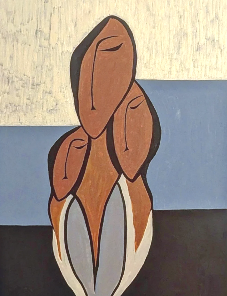 Abstract painting of three stylized faces with closed eyes, featuring brown, black, gray, white, and beige colors.