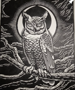 A black and white drawing of an owl with a human-like face, sitting on a branch surrounded by swirling clouds and a circular halo.