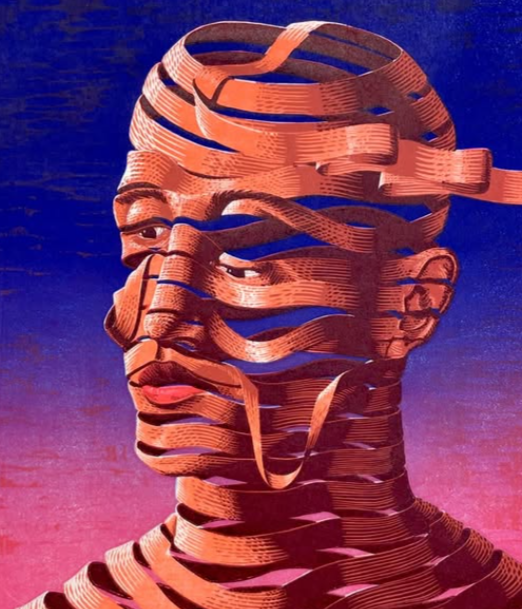 An artistic sculpture of a man's head created with intertwined, ribbon-like strips, set against a gradient background of blue and pink.