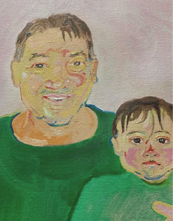 Watercolor painting of a smiling adult and a child, both wearing green shirts, against a light background.