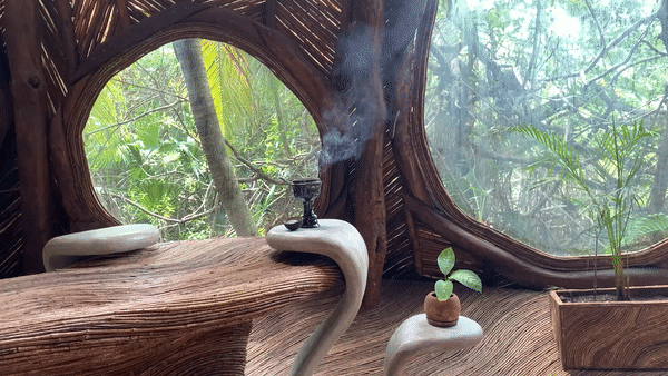 A carved wooden interior with a curved window, featuring a snake-shaped sculpture, a small potted plant, and a bamboo plant outside the window.