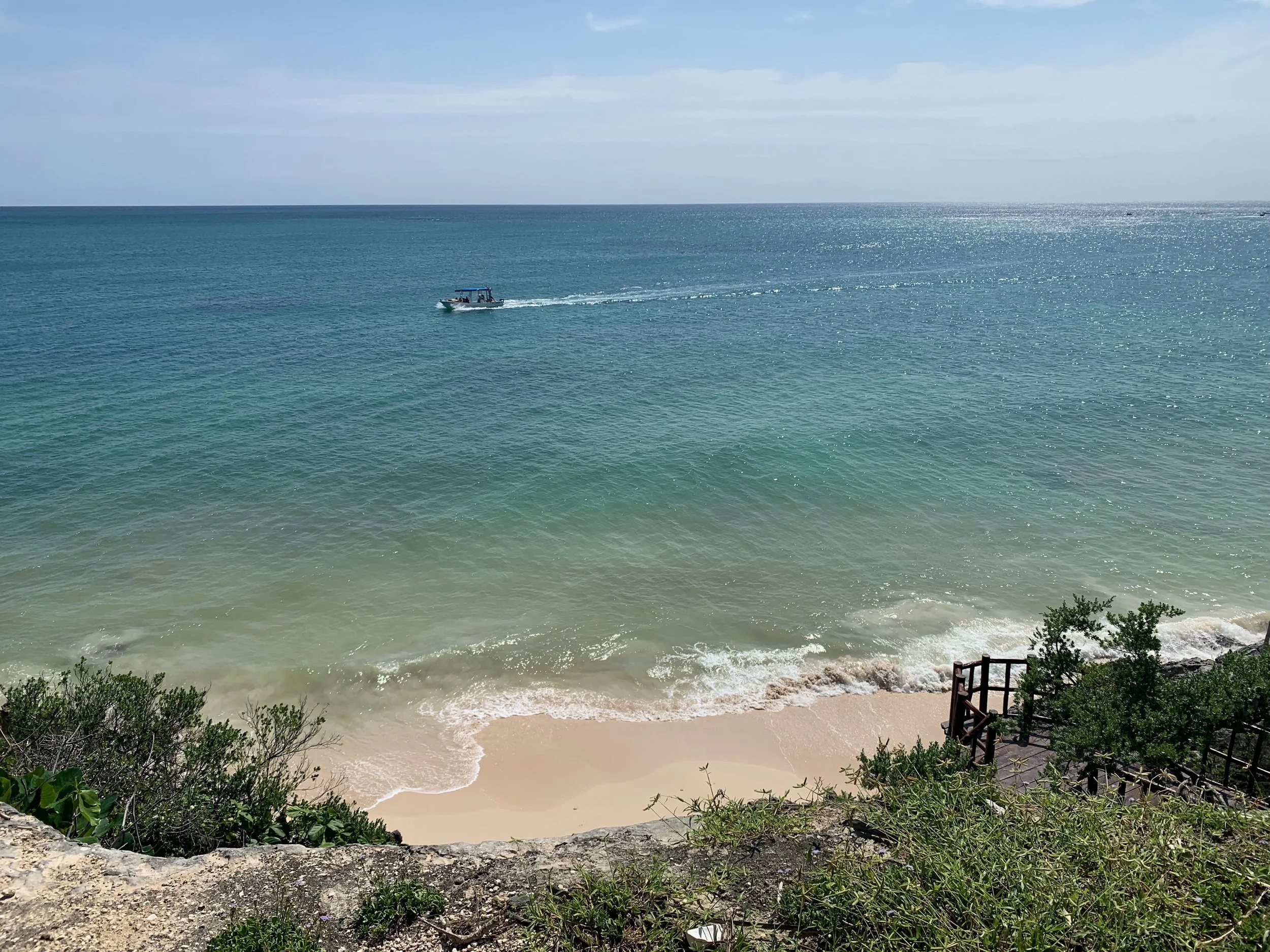Ocean view with a boat in the distance, sandy beach with gentle waves, green bushes, and a wooden staircase leading down to the beach.