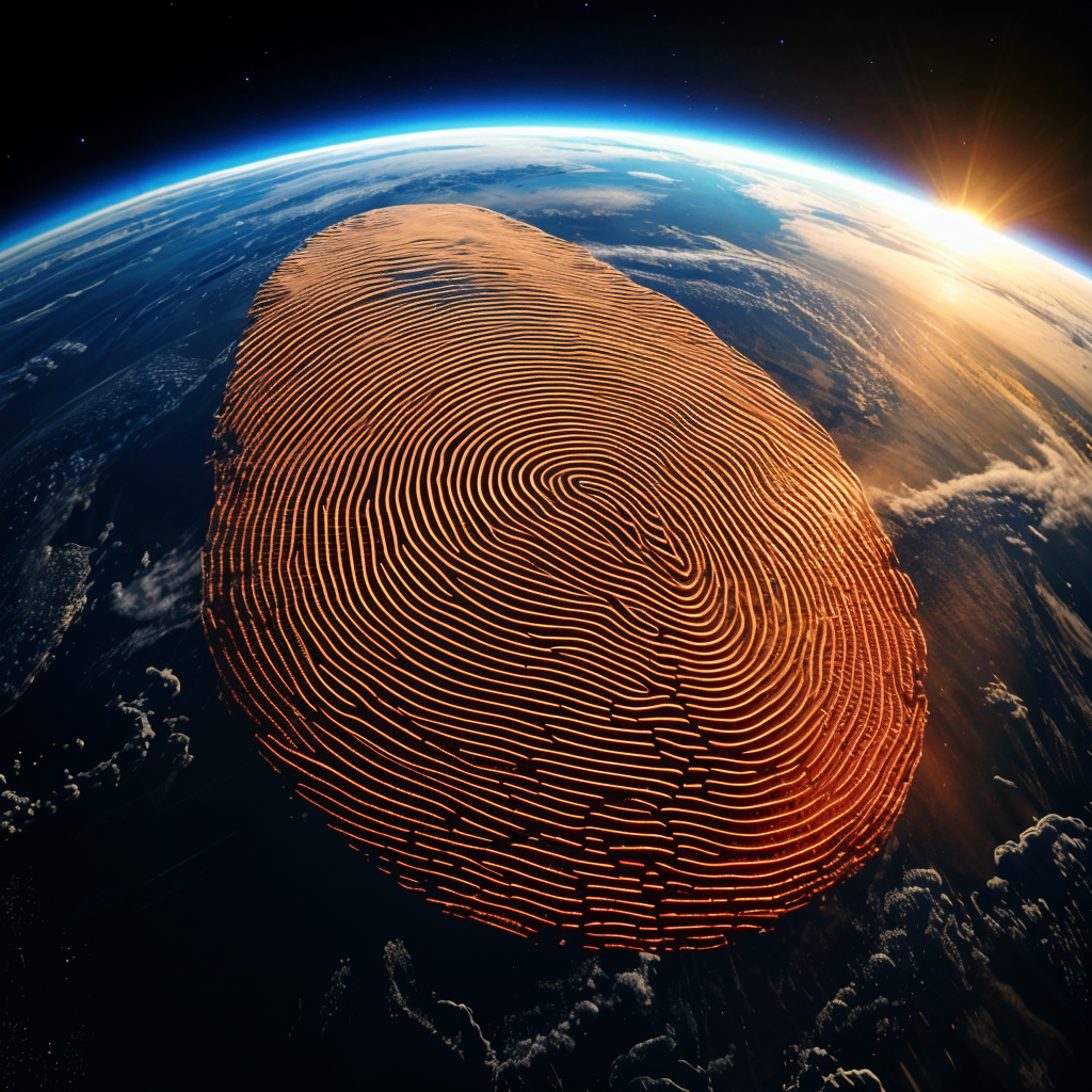 Souls United Inc. legacy  fingerprint brand  copyright image of giant fingerprint overlayed on Earth as seen from space with the sun rising in the background.