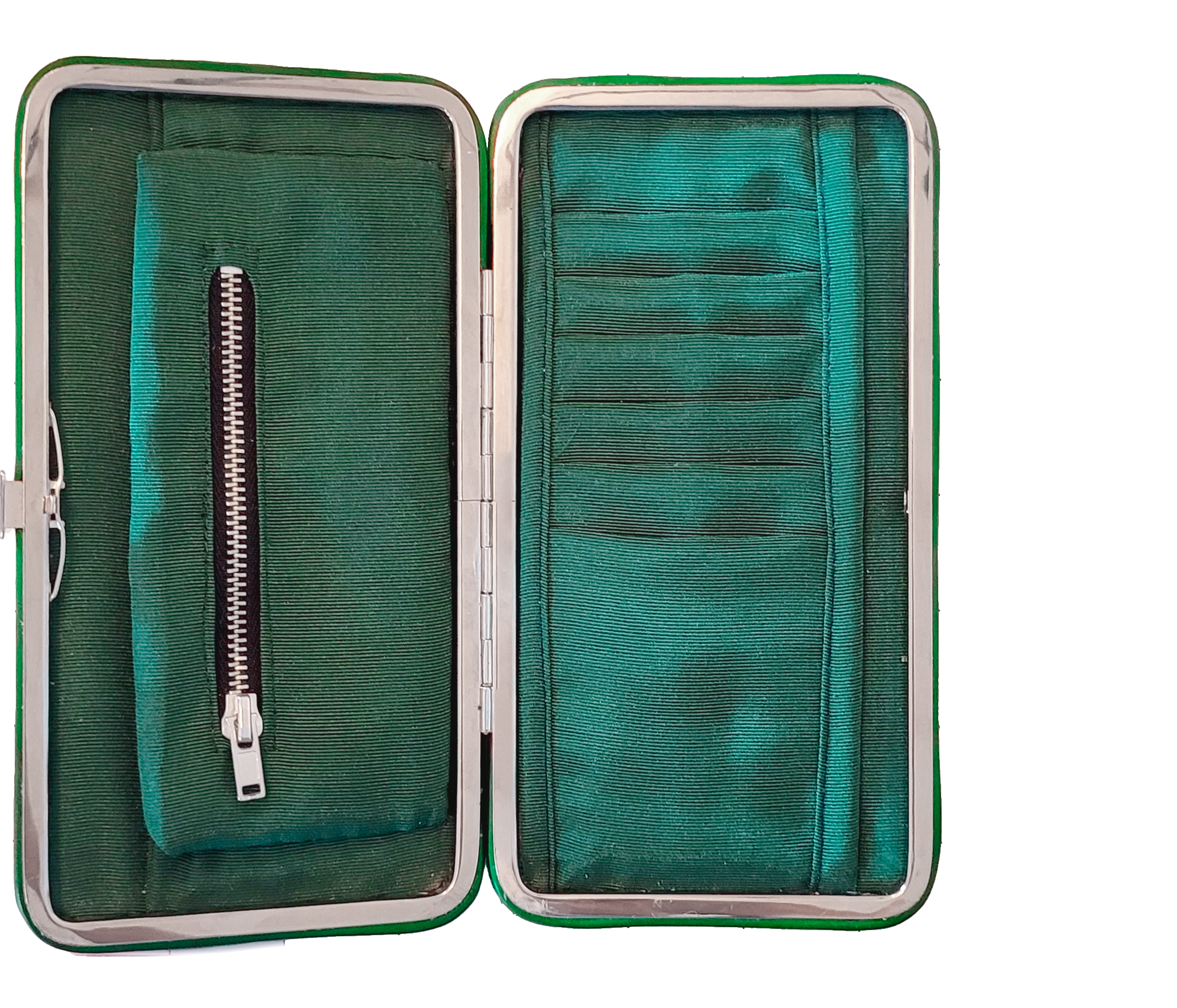 Custom green dyed vegtan leather pocketbook with custom wallet interior on metal frame, in green.
