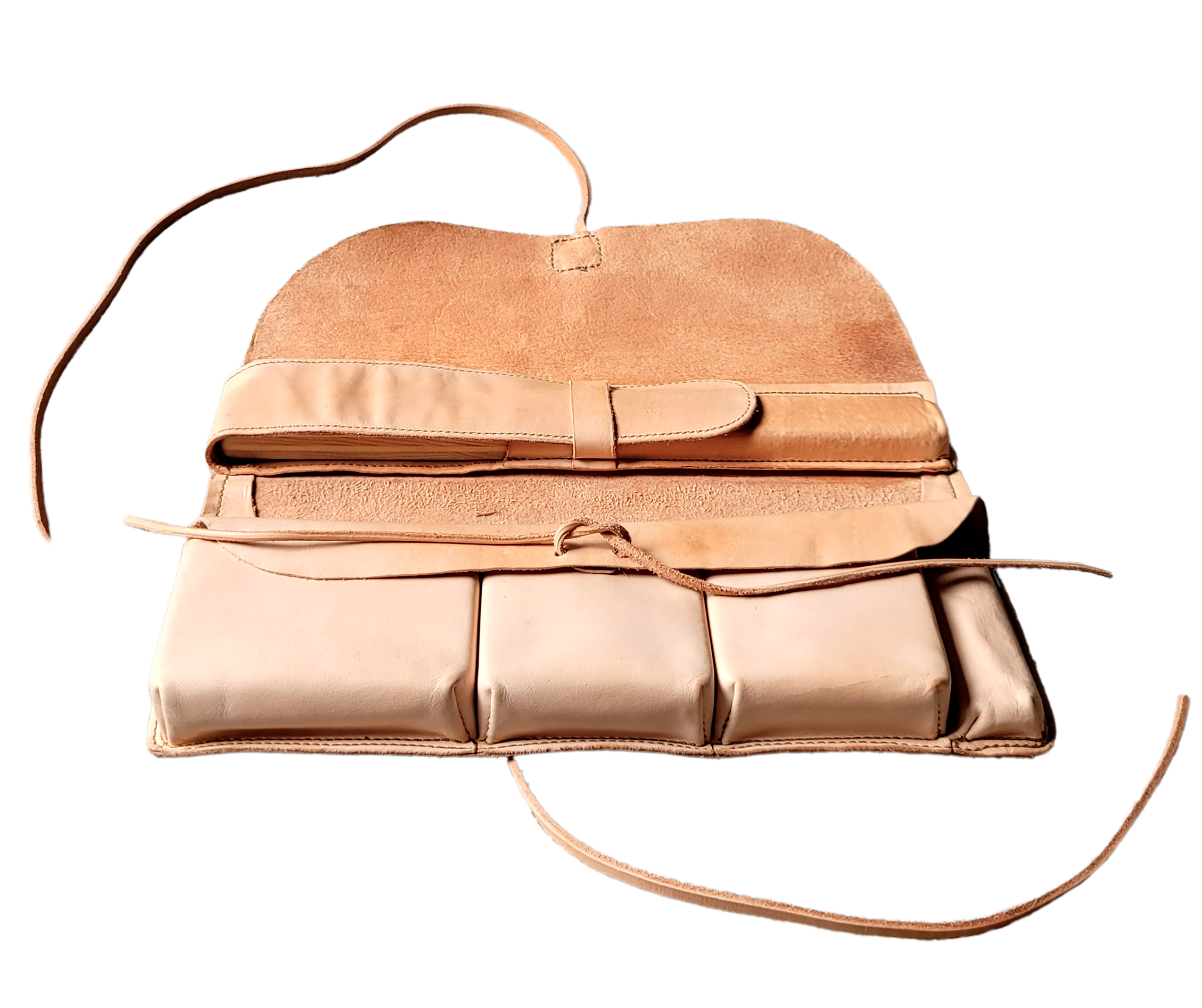 Ceremonial tobacco and pipe organizer wtih fully customized compartments in natural  vegtan, shown open