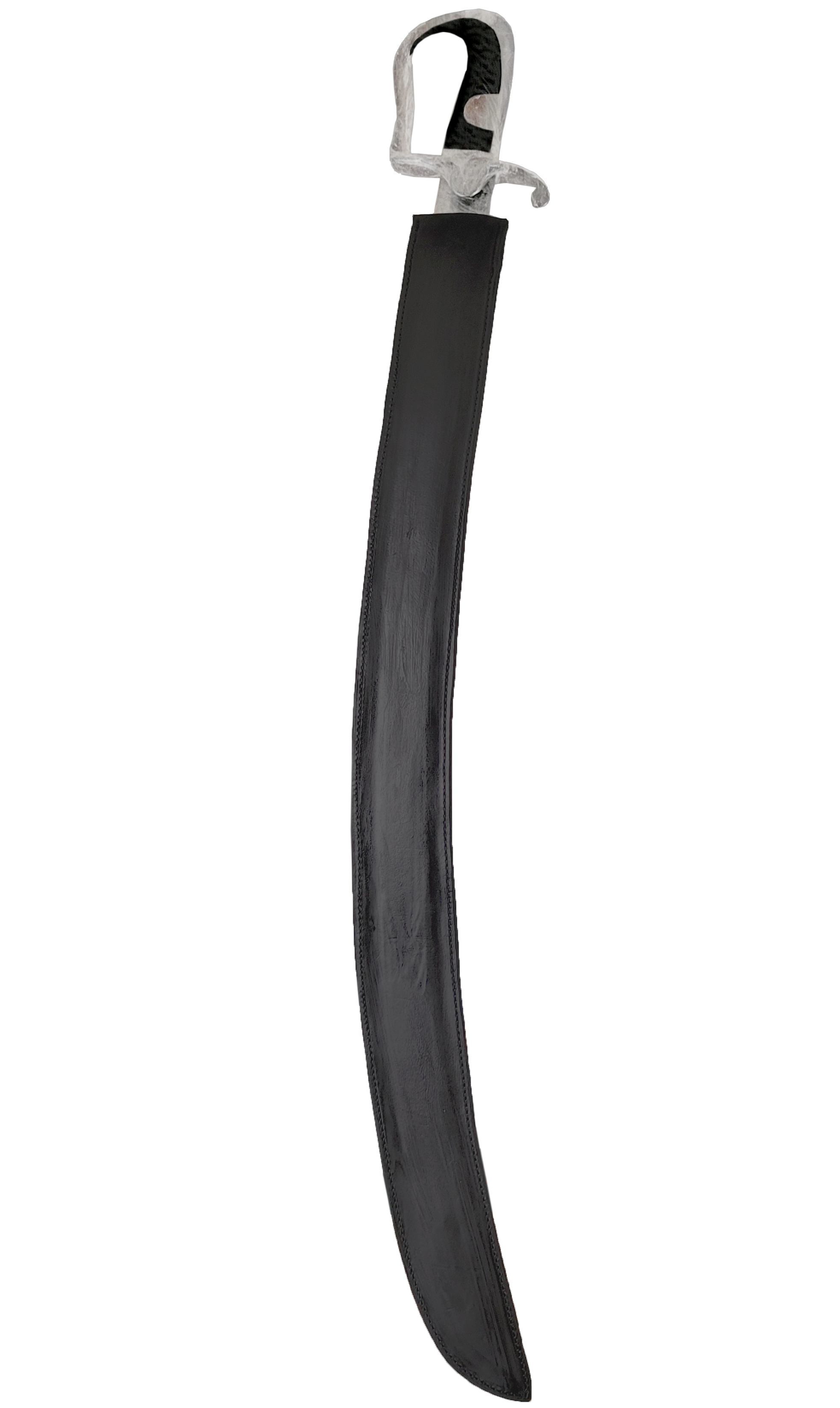 Wet-molded vegtan saber scabbard, hand-tooled and stitched for a secure fit, with hand-dyed black vegtan. 