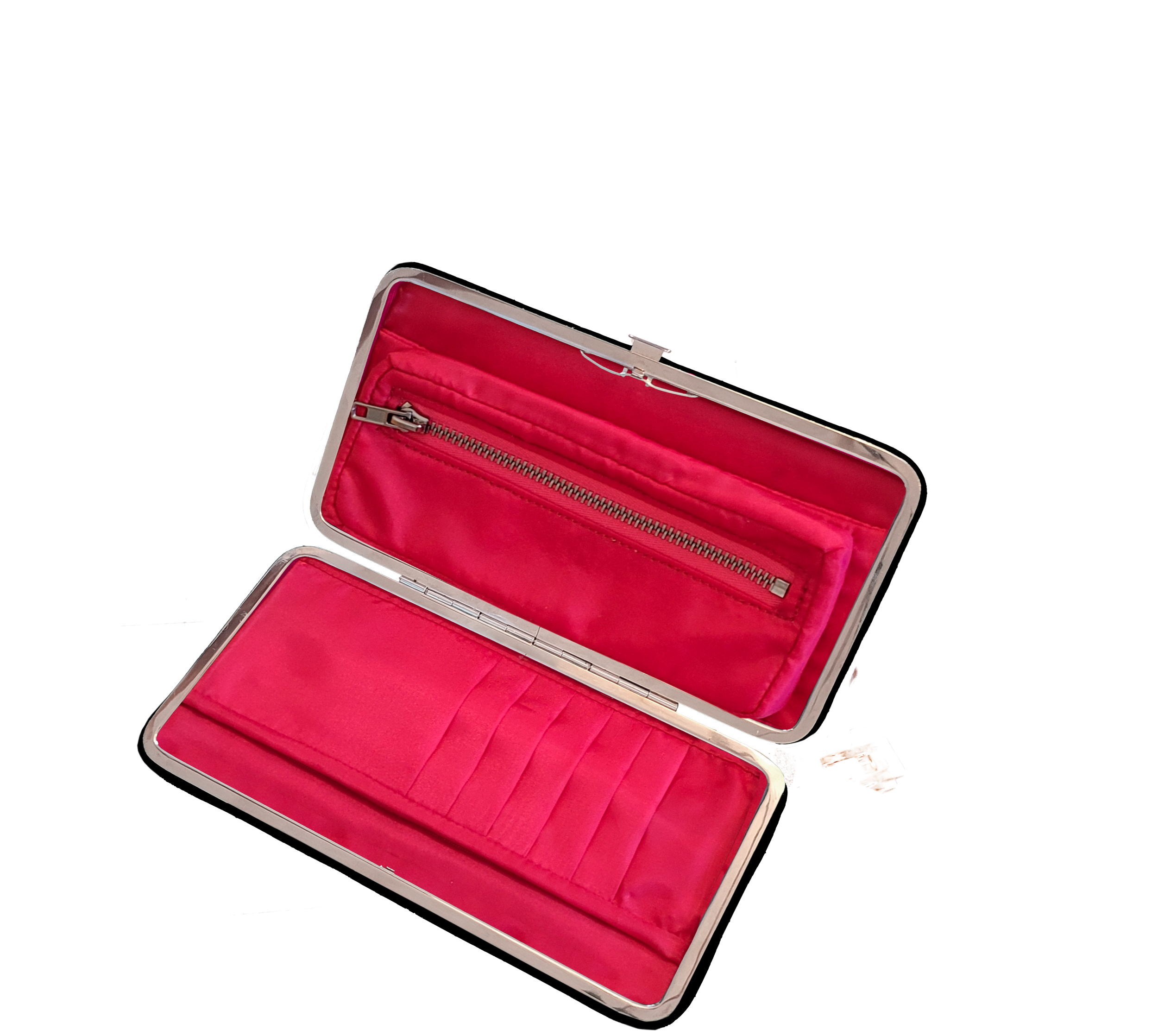 Custom black dyed vegtan leather pocketbook with custom wallet interior on metal frame, in pink.