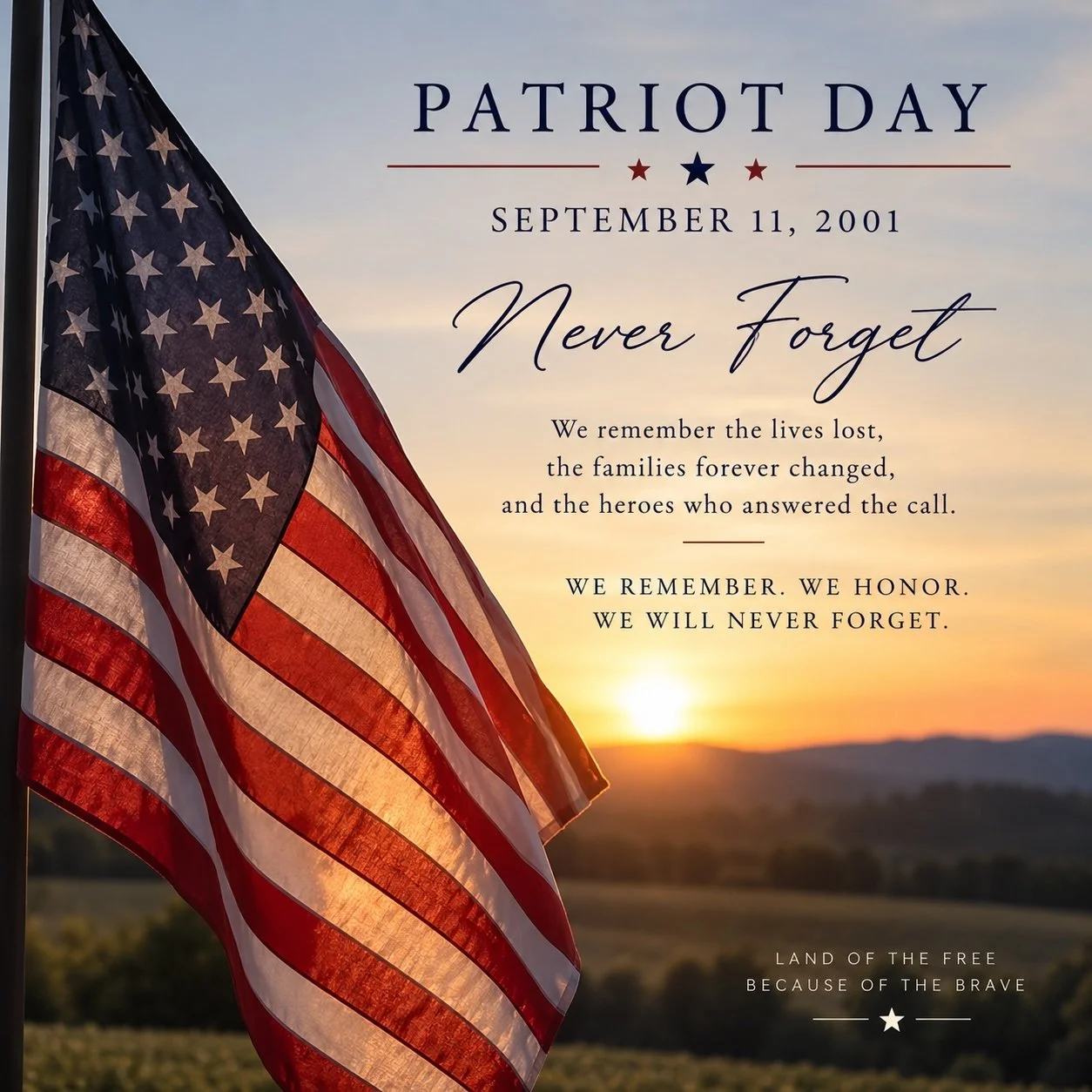 🇺🇸 Patriot Day | September 11

Today, we pause to remember the lives lost on September 11, 2001, the families whose lives were forever changed, and the courage of the first responders and ordinary Americans who stepped forward in the face of unimag