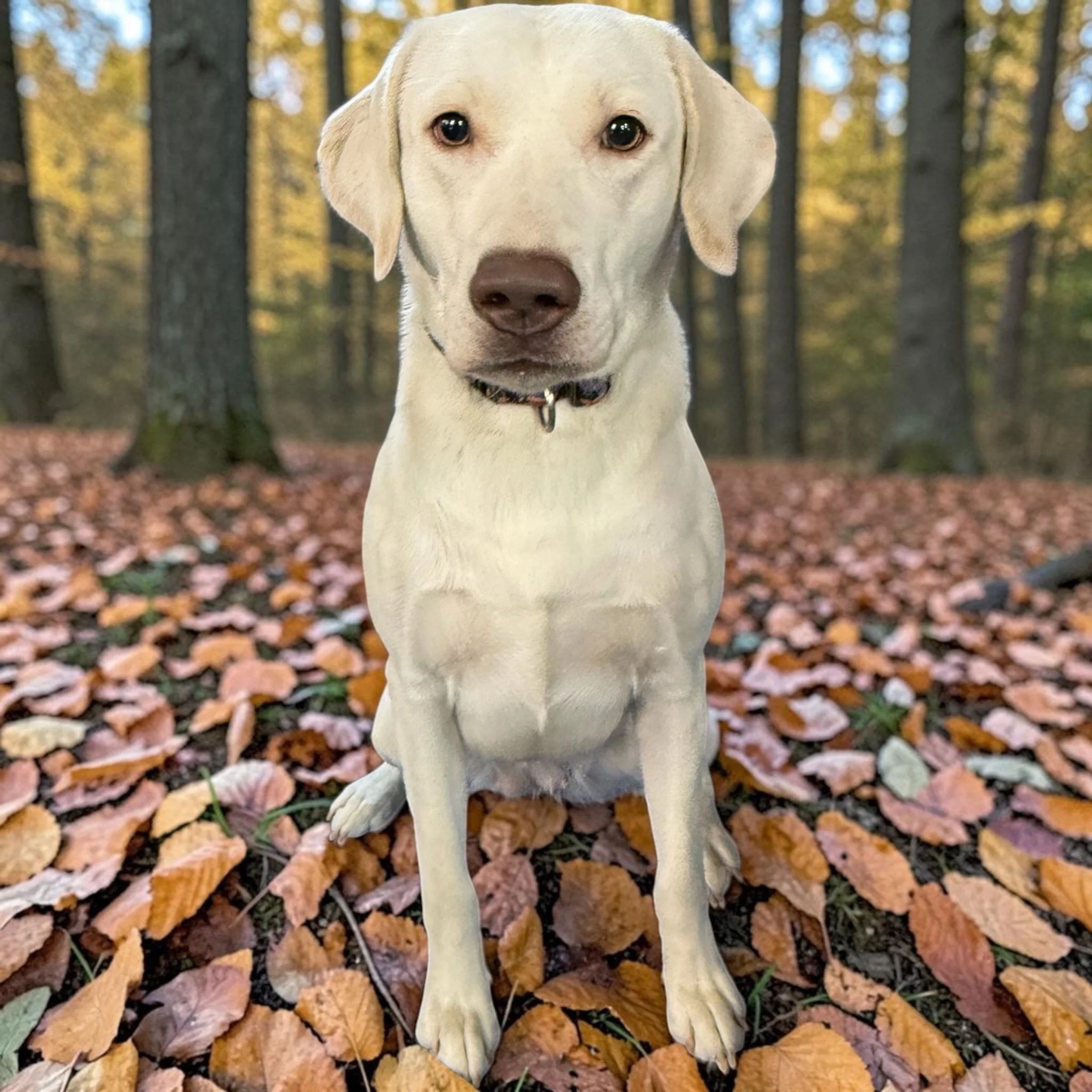 Close-up of a yellow Labrador Retriever puppy with a gray background.