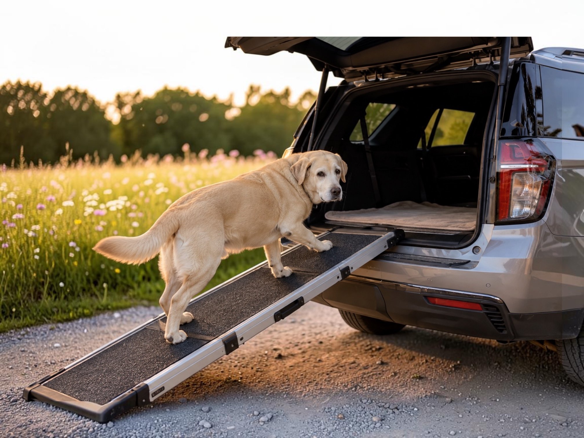 Senior yellow English Labrador using a dog ramp to enter an SUV – CaveInn Labradors.