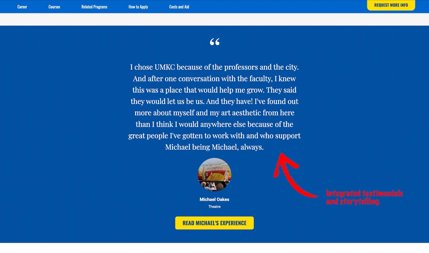 Screenshot of a UMKC Program Finder page showing a client testimonial.