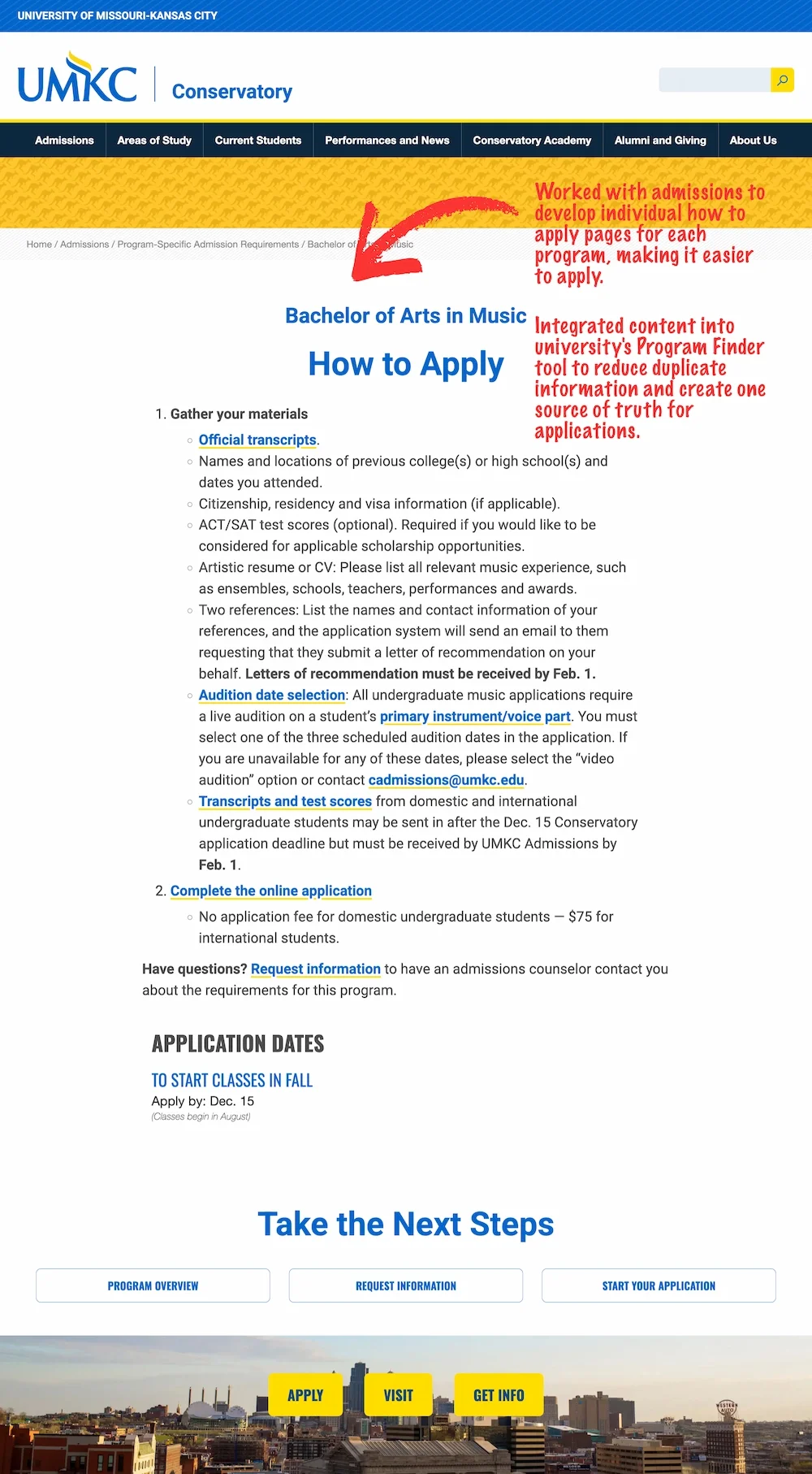 Image shows how application pages were created for each program to make finding and applying to the school easier. 