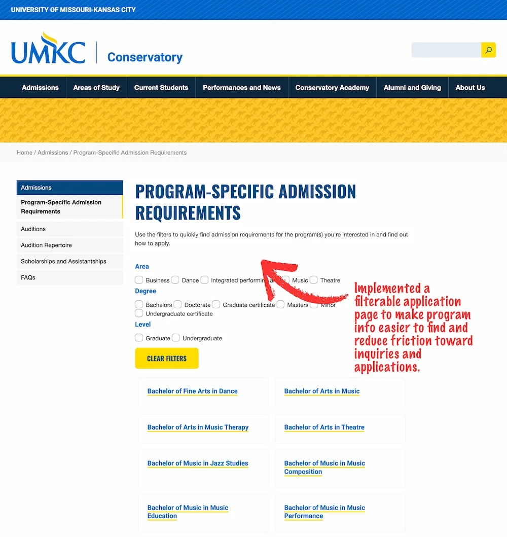 Image explains how a filterable listing of program application instructions was implemented to make finding critical information easier for student to find.
