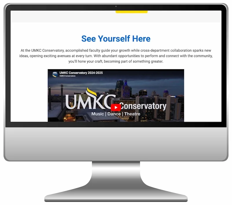 The UMKC Conservatory home page mocked up on a desktop screen.