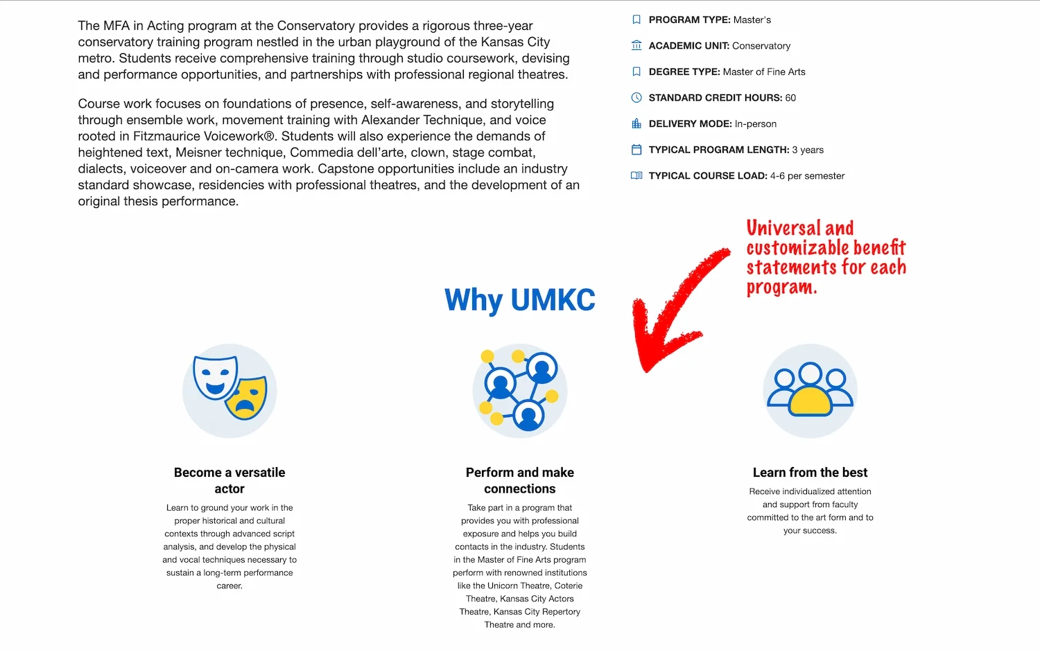 Screenshot of a UMKC Program Finder page showing benefits of choosing UMKC.