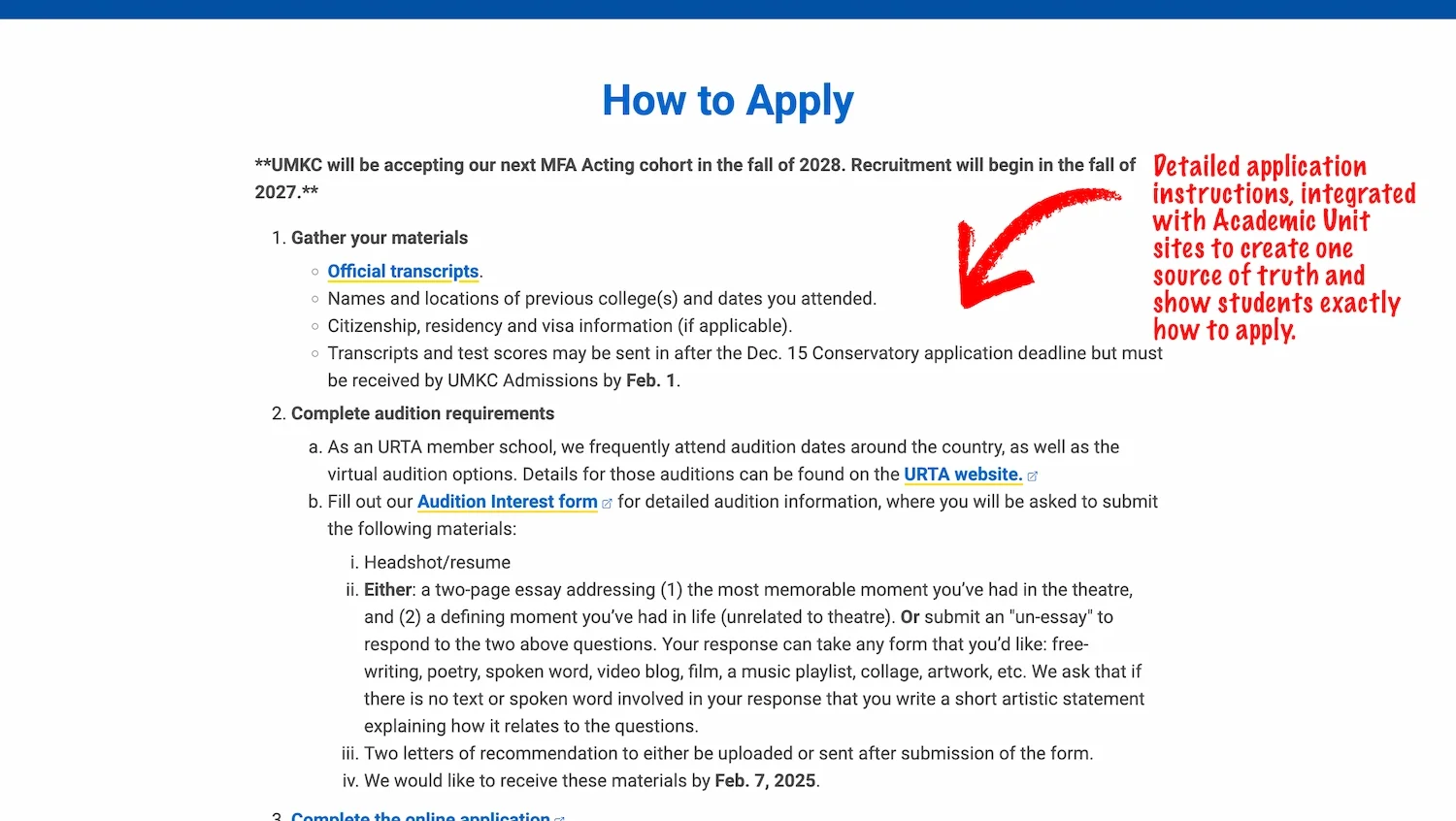 Screenshot of a UMKC Program Finder page showing clearly how students can apply to the program.