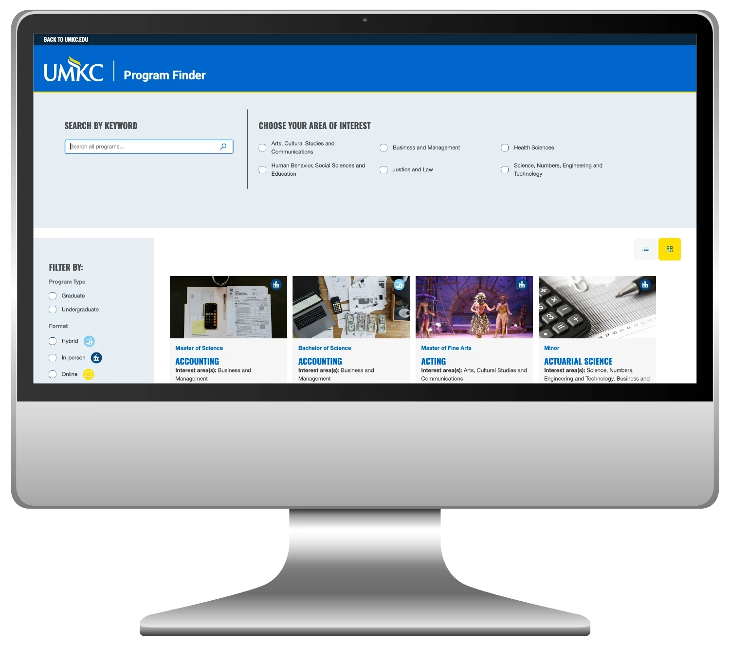 UMKC Program Finder filtering page, which makes it easy for students to find programs of interest.