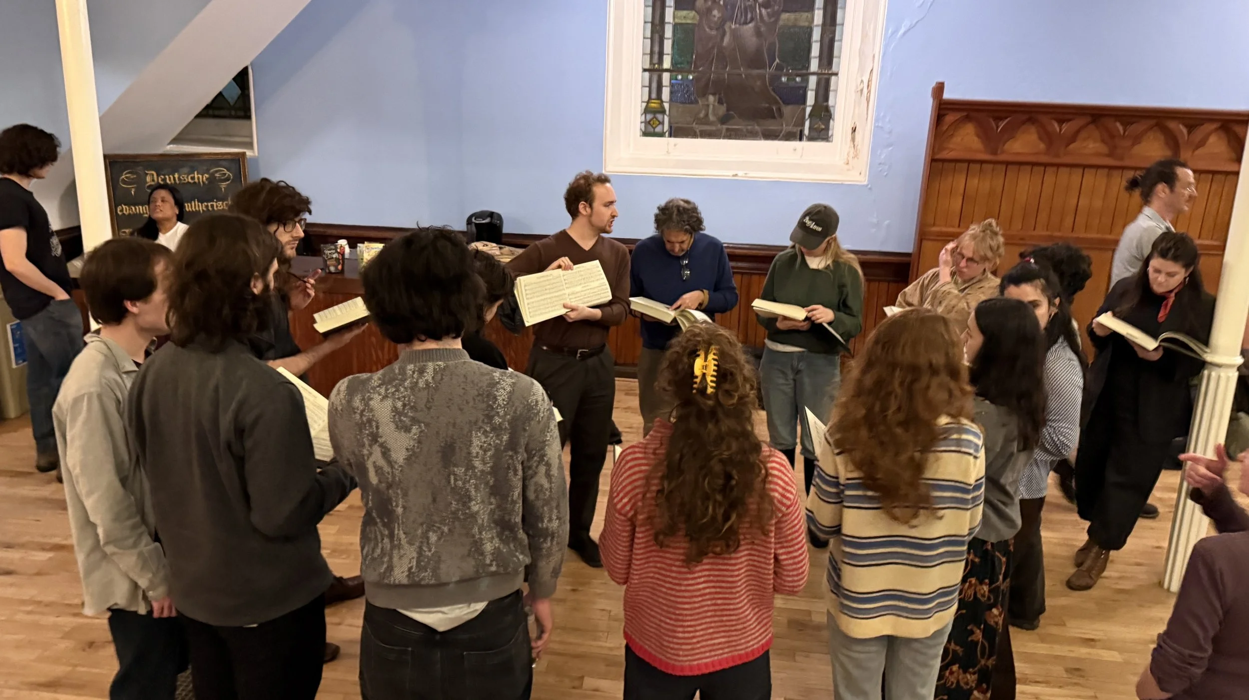 Sam teaching some rudiments at a weekly NYC Sacred Harp singing in the West Village. 