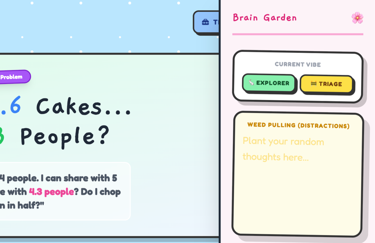 Screenshot of a digital mental health or self-care app titled 'Brain Garden' with current vibe options 'Explorer' and 'Triage'. A section about sharing cakes and people, and a note about planting random thoughts for distraction.