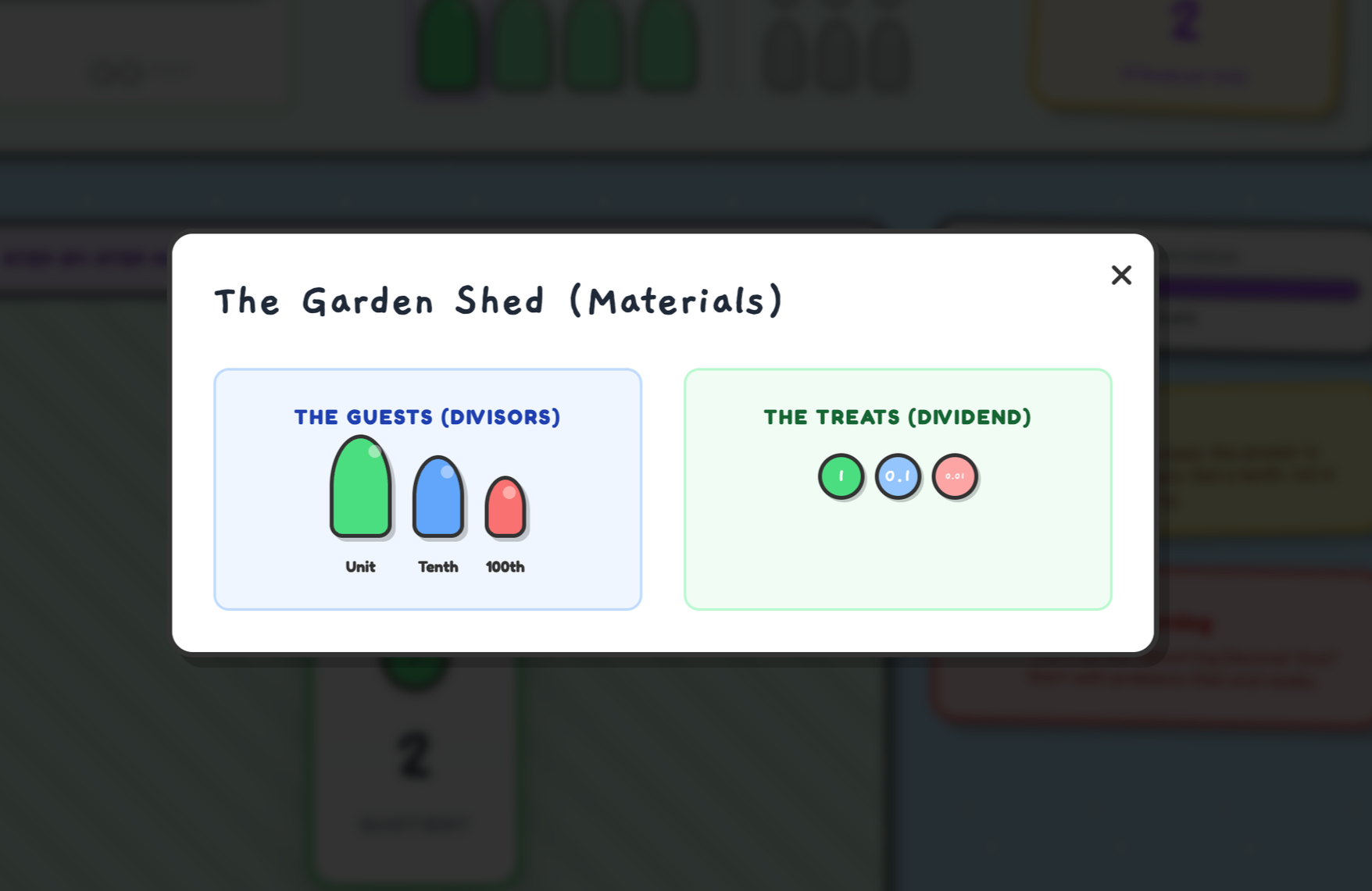 A digital illustration of a learning module about the garden shed materials, showing three divisions: 'The Guests (Divisors)' with units, tenths, and hundreds, and 'The Treats (Dividend)' with three circles containing 1, 0.1, and 0.01.