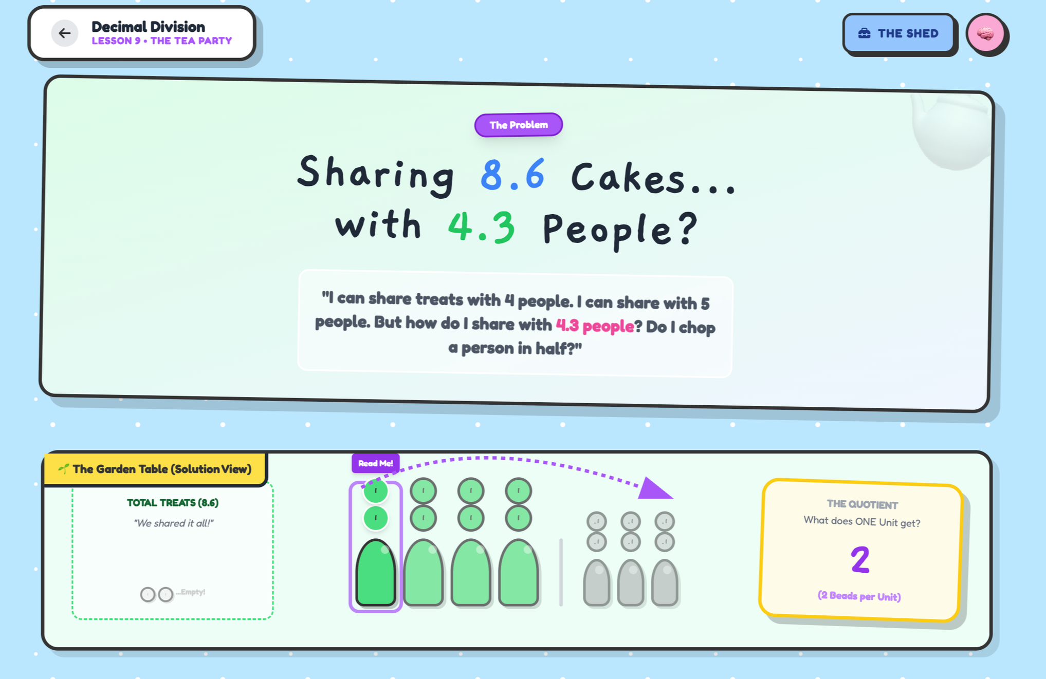 Educational animation screenshot about dividing cakes among people during a tea party, showing a visual calculation with colorful graphics and text.