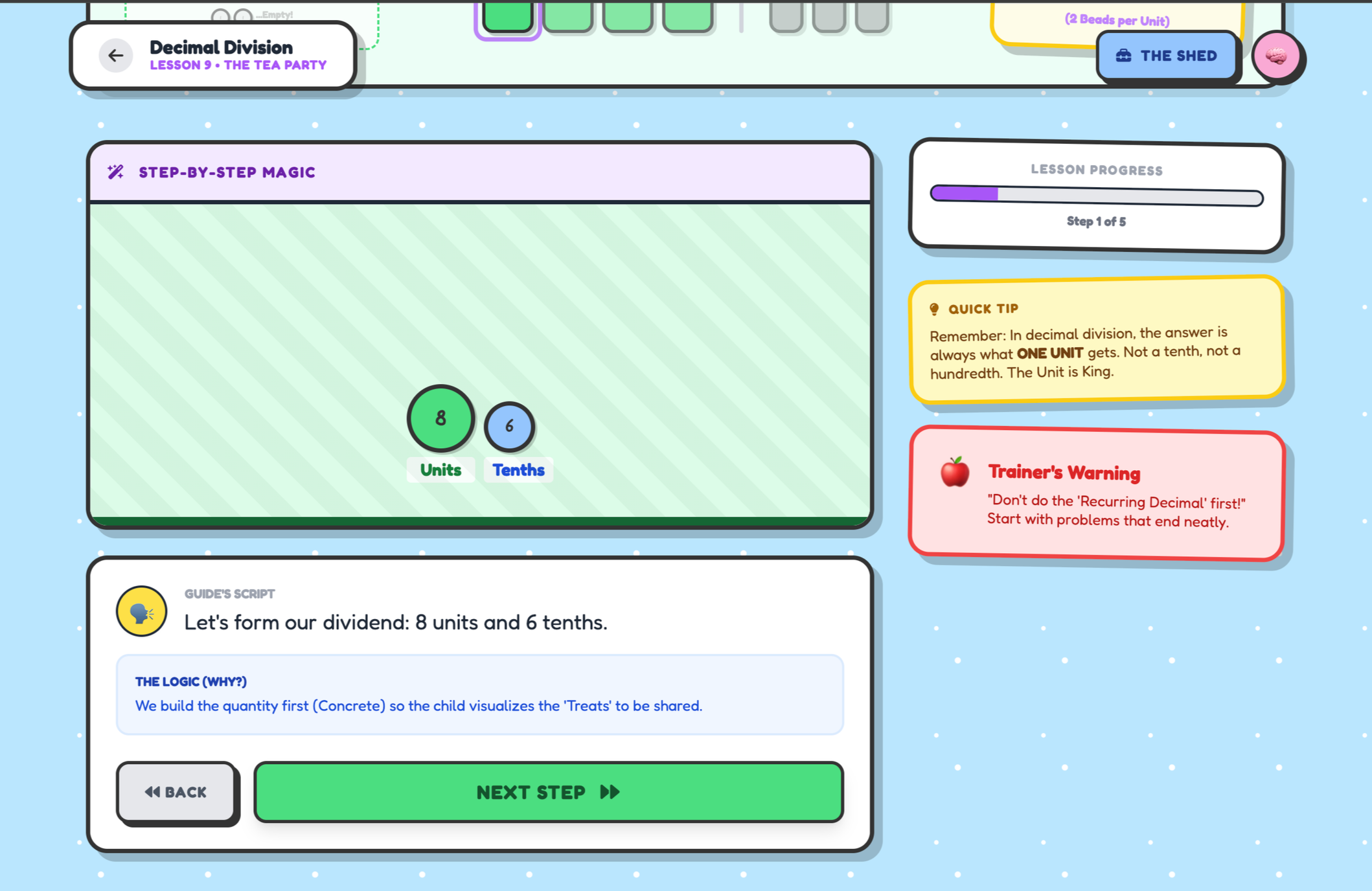 An educational screen about decimal division showing a diagram with 8 units and 6 tenths, with instructional text and navigation buttons.