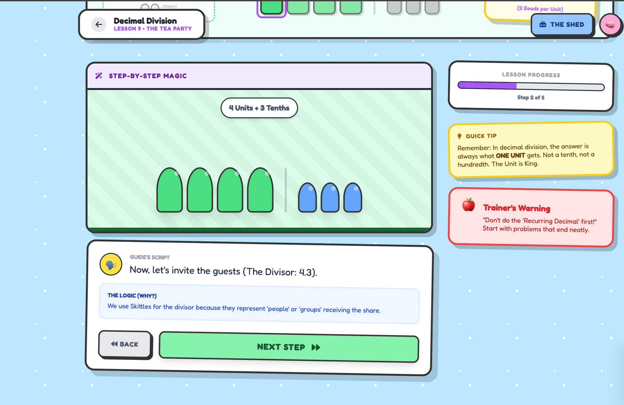 Screenshot of an educational math game about decimal division, showing a visual representation of 4 units and 3 tenths with colored blocks, and instructions for inviting guests using skip counting for division.