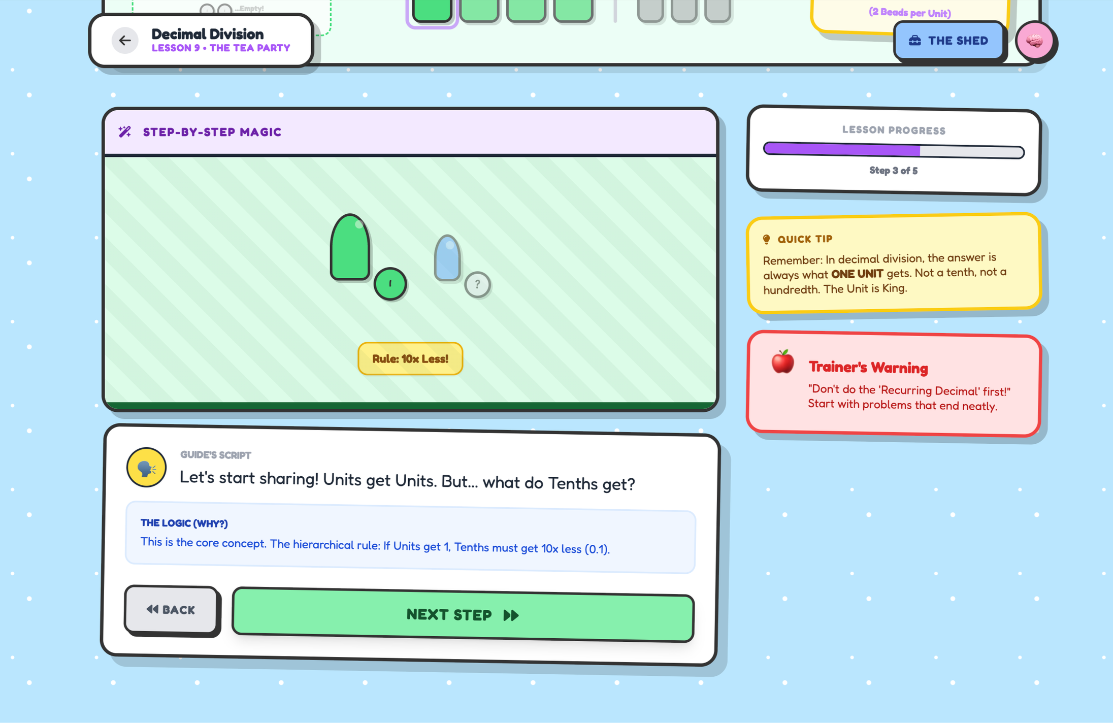 A colorful educational interface about decimal division titled 'Lesson 9: The Tea Party'. It shows a bubble with a step-by-step magic with math diagrams, a progress bar indicating 3 of 5 steps completed, a quick tip about units, a trainer's warning a