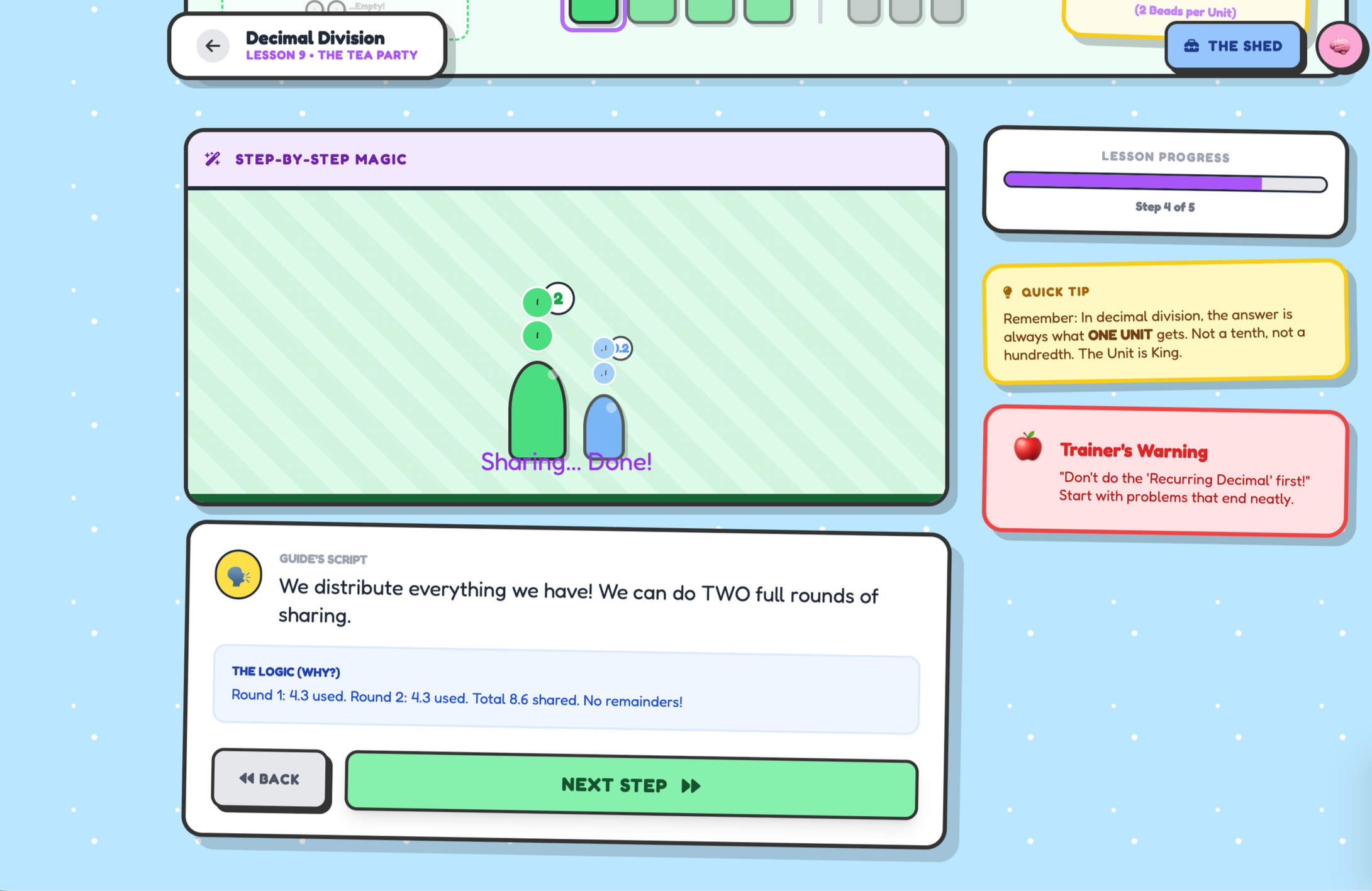 An educational digital interface screen for teaching decimal division, titled 'Lesson 9: The Tea Party', showing a step where two characters share items, with a script explaining distribution and sharing.
