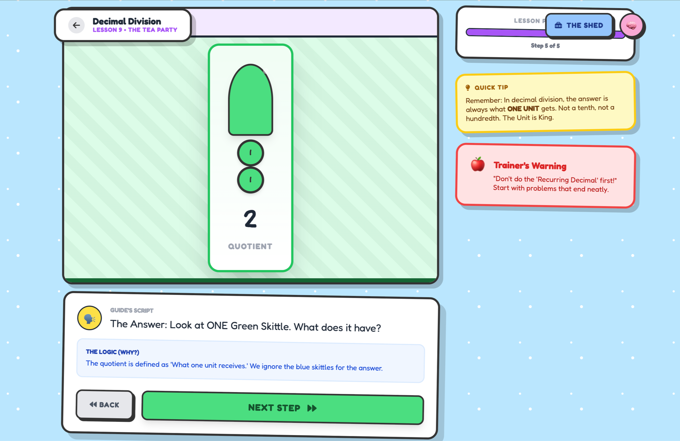 Educational game screen teaching decimal division, showing the quotient 2 with one green skittle on top and two smaller dots underneath, a step in a lesson titled 'The Tea Party'.