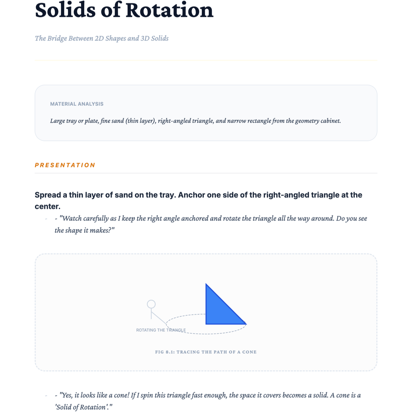 Diagram of a blue cone being rotated to trace its path, illustrating the concept of Solids of Rotation, with instructions on anchoring a right-angled triangle on a tray and rotating it.
