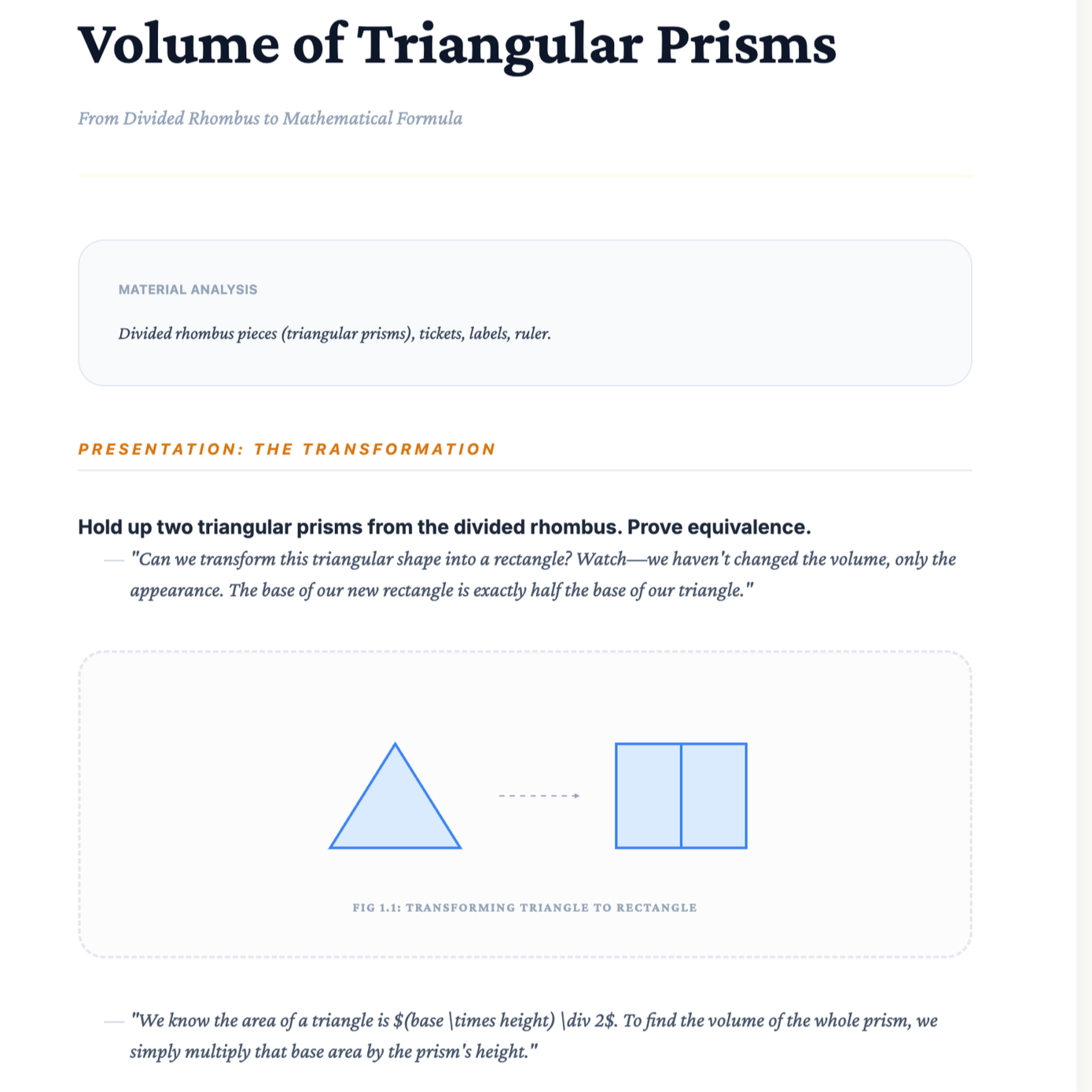 A page from a math textbook titled "Volume of Triangular Prisms" showing a section on material analysis and a tutorial on transforming a triangle into a rectangle. The diagram illustrates a triangle on the left transforming into a rectangle on the right, demonstrating the process of converting the shape for volume calculation.