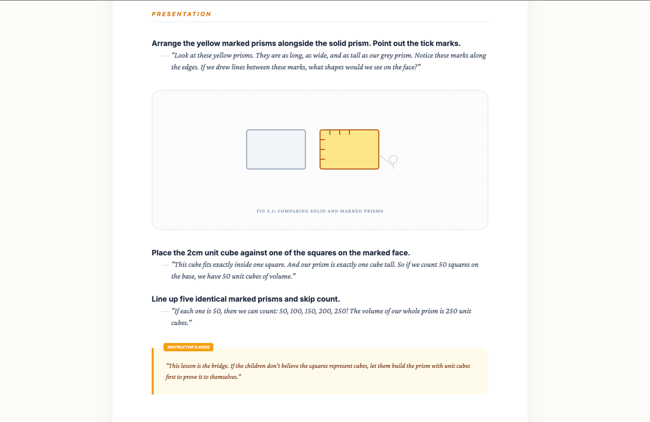 A diagram comparing a solid gray prism and a yellow marked prism with ruler markings, used to illustrate the concept of comparing solid and marked prisms in an educational lesson on volume measurement.