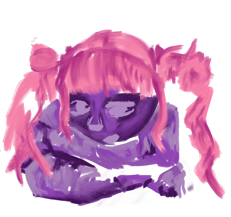 Digital painting of a person with pink hair in pigtails, wearing sunglasses and a purple hoodie, resting their chin on their arms.