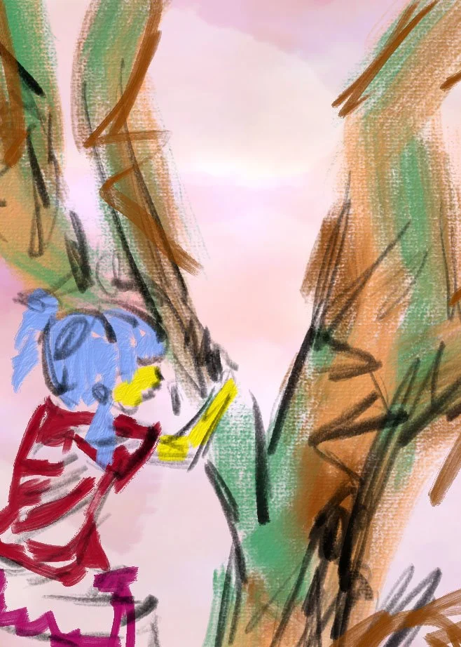 A colorful, abstract drawing of a person with blue hair in a red dress standing between two large trees with green and brown leaves, against a light pink sky background.