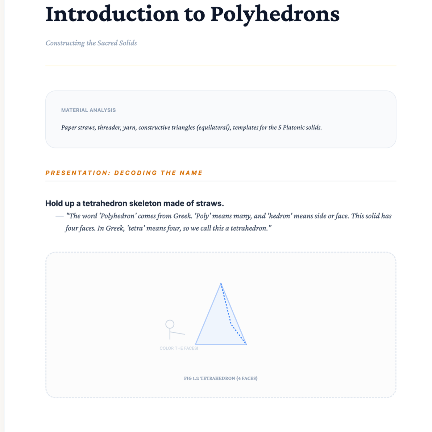 A webpage titled 'Introduction to Polyhedrons' explaining the construction of sacred solids using paper straws, thread, yarn, and constructive triangles. It includes a section about the etymology of polyhedron and a diagram of a tetrahedron made of straws with an instruction to color the faces.