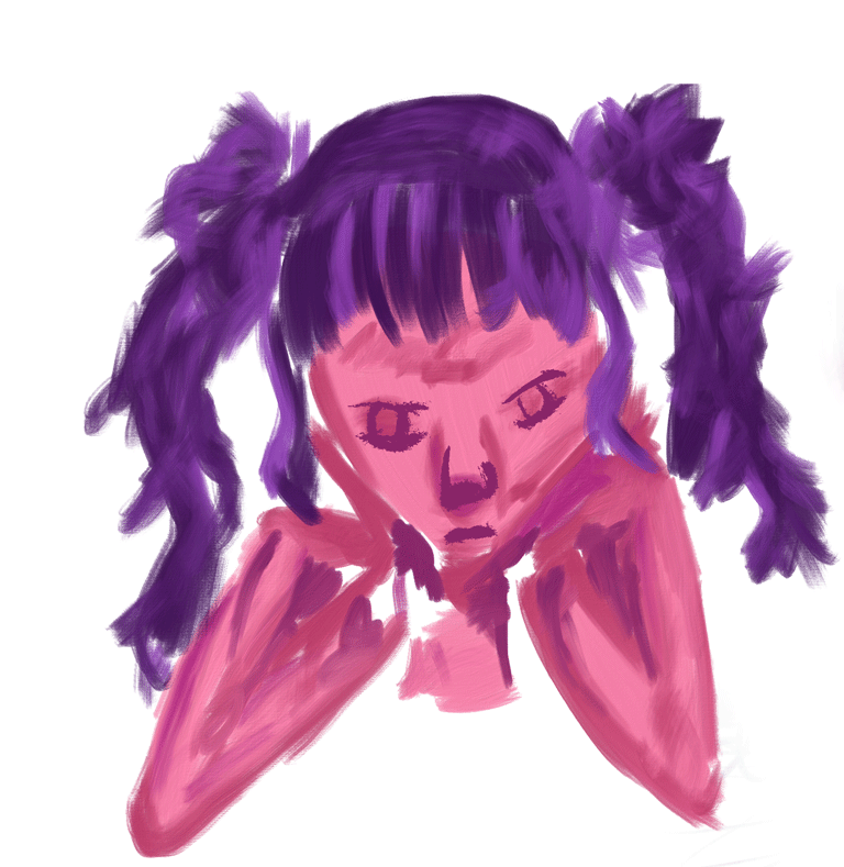 Digital painting of a girl with purple hair in pigtails, resting her chin on her hands, with a pensive expression.