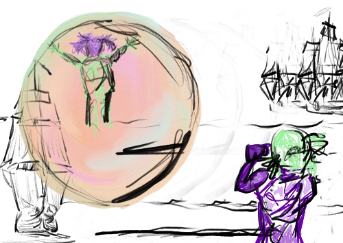 A colorful, abstract digital drawing featuring a person hanging upside down from a circular shape with purple wings, and another person holding a phone or camera.
