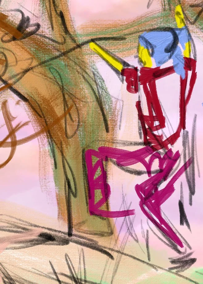 Abstract colorful drawing featuring a person with a blue headscarf, red and purple clothing, and yellow and black accents, along with a tree and various intersecting lines and shapes.