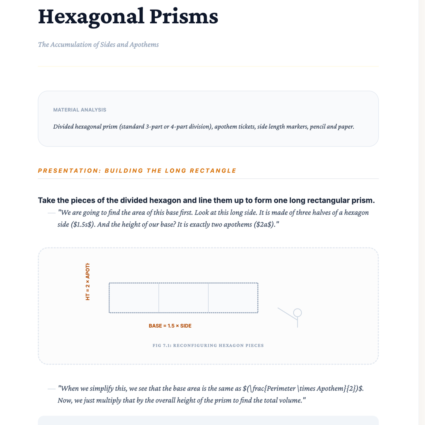 Diagram of assembling hexagonal prism from smaller hexagon pieces with dimensions labeled.