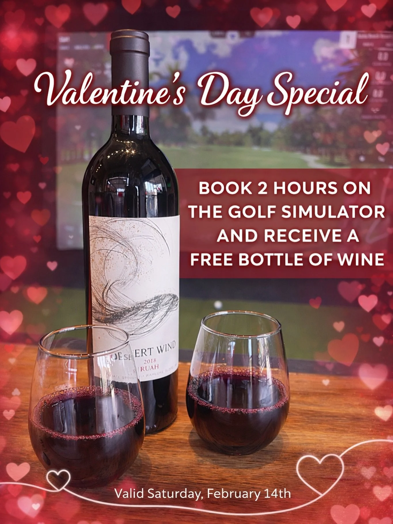 ❤️🏌️&zwj;♂️🍷 Valentine&rsquo;s Day at The TRN = swings + sips 🍷🏌️&zwj;♀️❤️

Skip the crowded dinner reservations and do date night the fun way.
Book 2 hours on the golf simulator and receive a FREE bottle of wine.

Perfect for couples, double dat