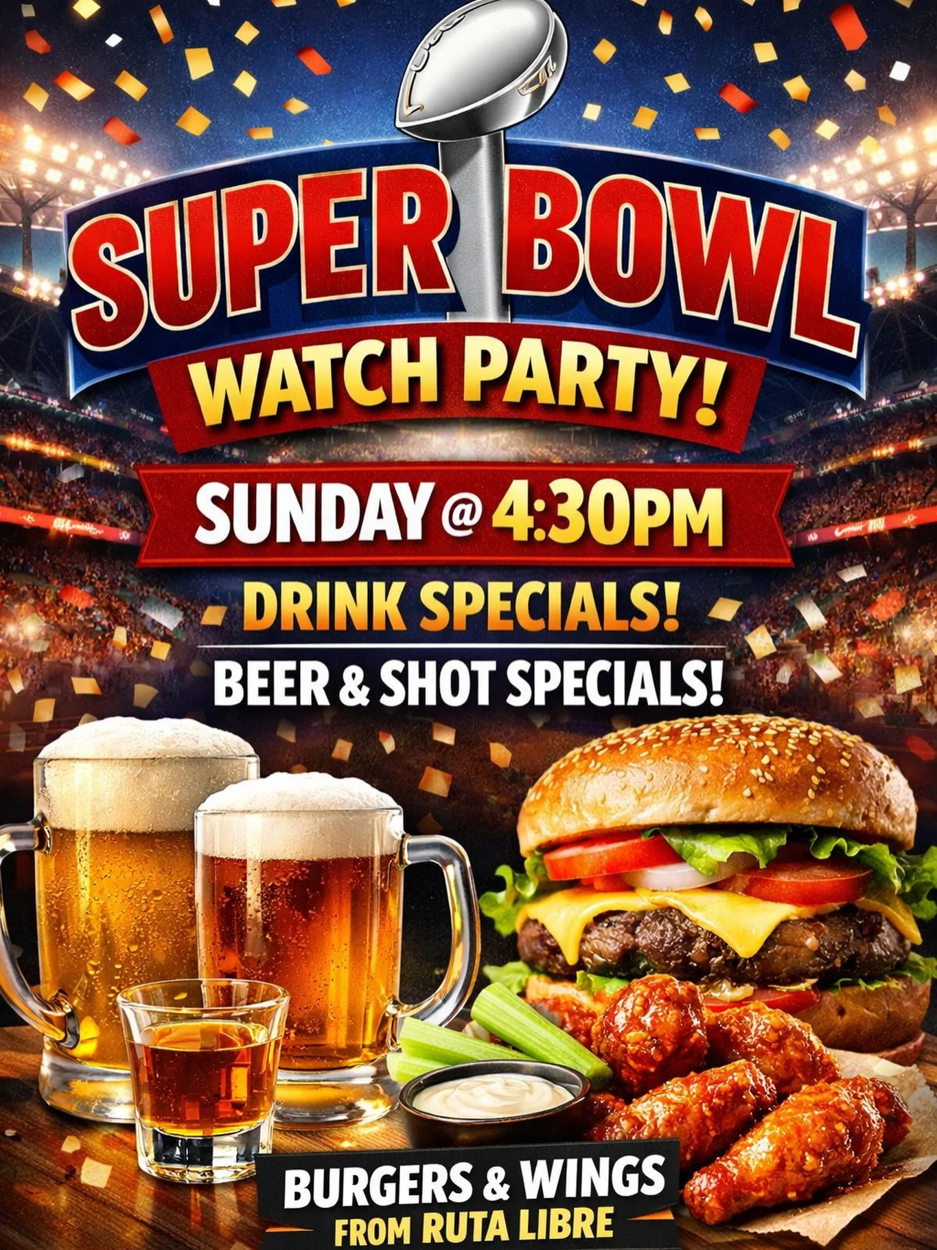 Join us for a Super Bowl Watch Party this Sunday at 4:30 PM at The TRN!
🍺 Beer &amp; Shot specials
🍔🍗 Burgers + Wings from Ruta Libre
🏈 Football on the Big Screen

Grab your crew, claim a seat, and let&rsquo;s make it a Sunday. 🙌