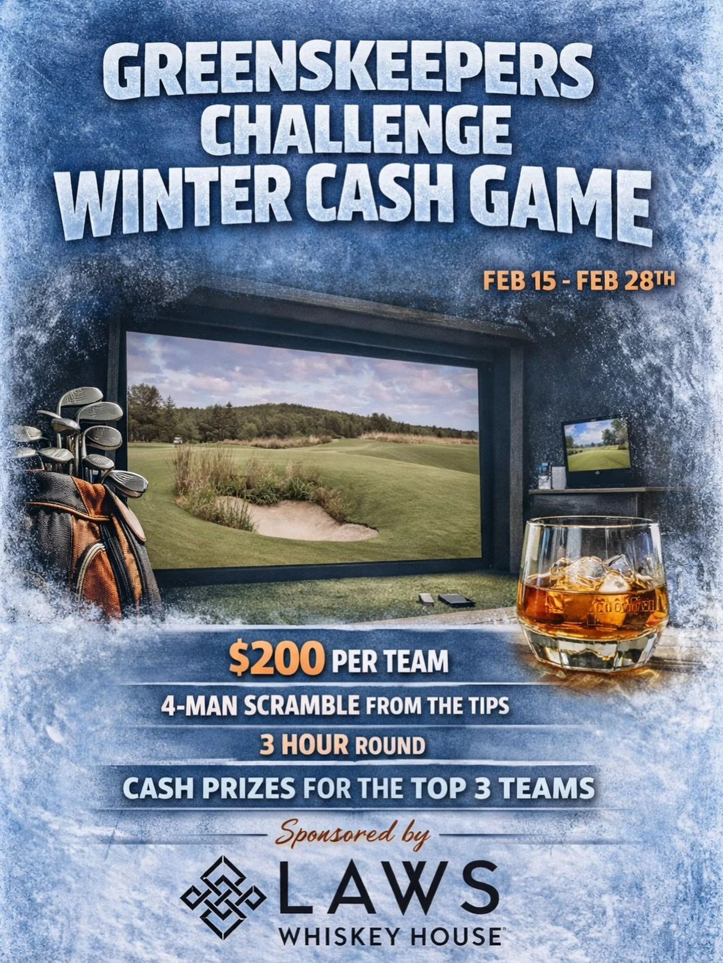 Grab your crew and take on the Greenskeepers Challenge &ndash; Winter Cash Game ⛳️❄️🥃

Feb 15 &ndash; Feb 28
✅ 4-Person Scramble 
✅ Men&rsquo;s &amp; Women&rsquo;s Teew
✅ $200 per team
✅ 3-hour round
✅ Cash prizes for the top 3 teams
✅ Additional pr