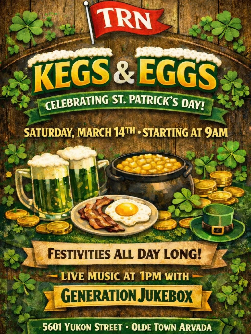 Kegs &amp; Eggs is back! 🍀🍳🍺
Join us Saturday, March 14th starting at 9AM at The TRN for a full day of St. Patrick&rsquo;s Day festivities!

Kick off the morning with Kegs &amp; Eggs, then stick around as we keep the party going all day long with 