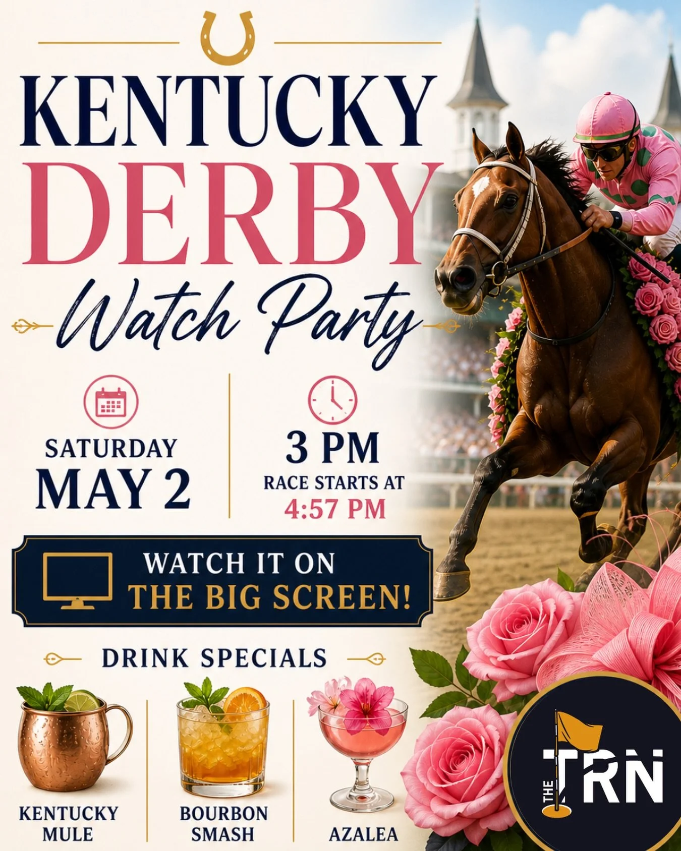🏇 KENTUCKY DERBY WATCH PARTY AT THE TRN 🌹

The most exciting two minutes in sports deserves a BIG screen, great drinks, and an even better crowd.

📅 Saturday, May 2
🕒 Party starts at 3 PM
🏁 Race goes off at 4:57 PM

Grab your crew, throw on your