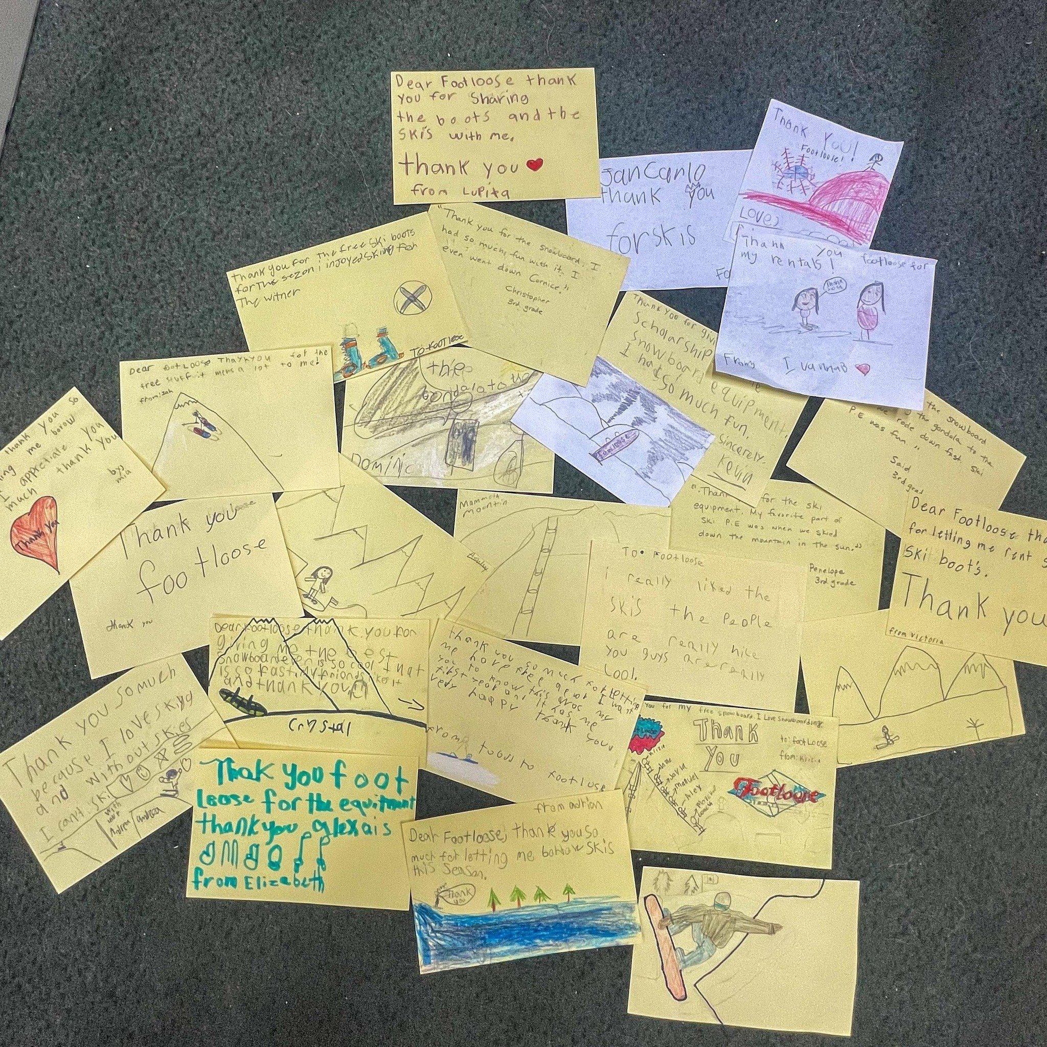 The absolute cutest thank you cards we&rsquo;ve ever received from Mammoth Elementary School. This year we provided a large amount of ski and snowboard rentals to any child that needed it for Ski PE. We are so happy that we could make this happen and