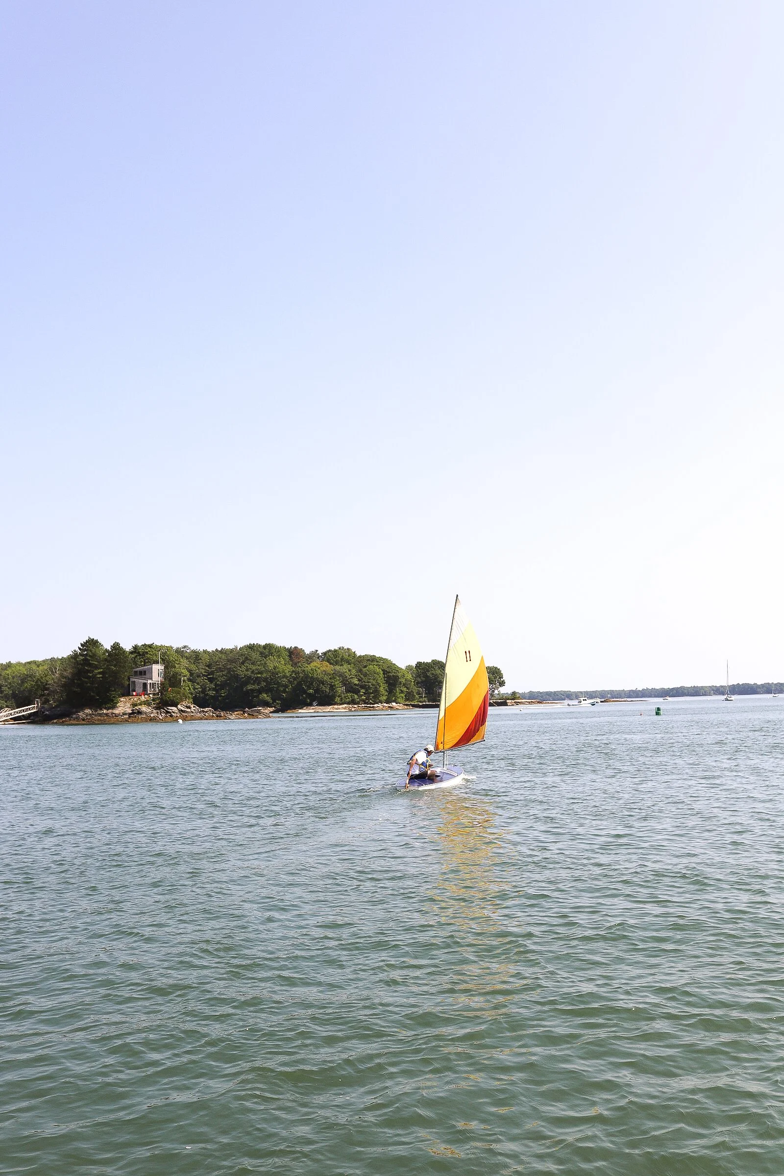 A person sailing a small sailboat with a yellow and orange sail on a calm body of water, with land and trees in the background under a clear sky.